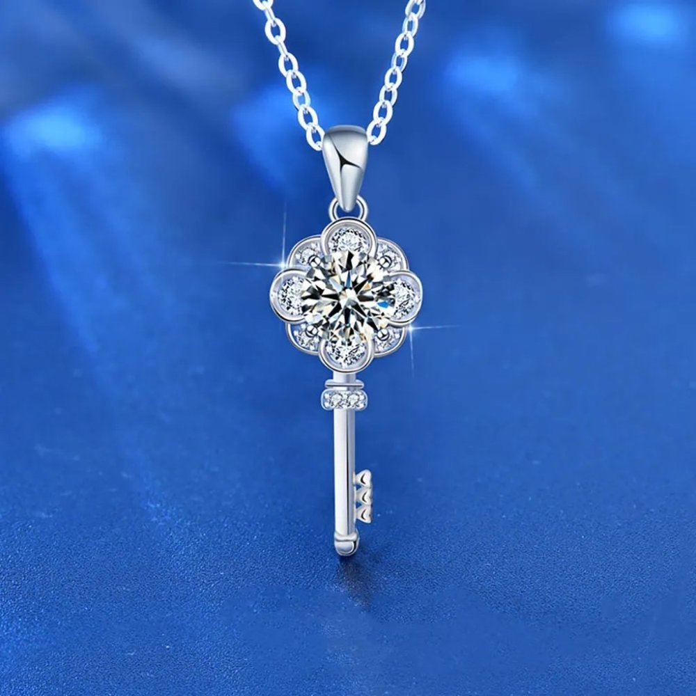 Certified 1ct. t.w. Moissanite Diamond Flower Key Necklace NEW - Picture 10 of 16